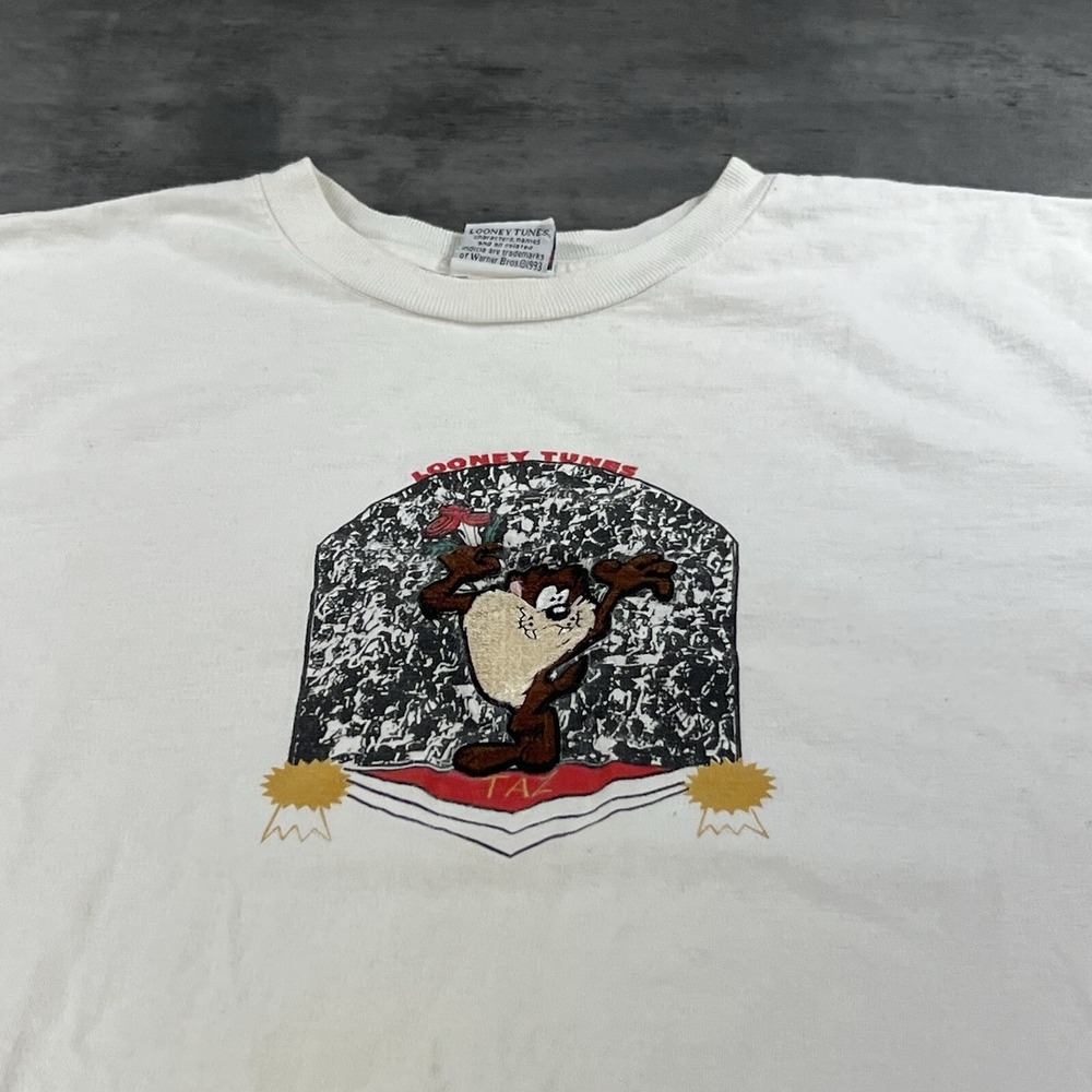 Vintage 90s Looney Tunes Taz Shirt Adult Medium White Faded Distressed‎ Cartoon